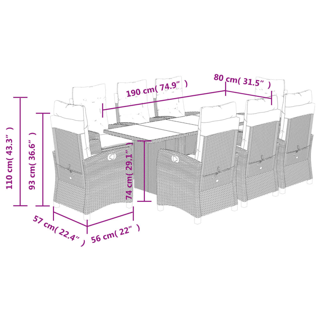 Set da Pranzo da Giardino 9 pz con Cuscini Beige in Polyrattan | homemem39