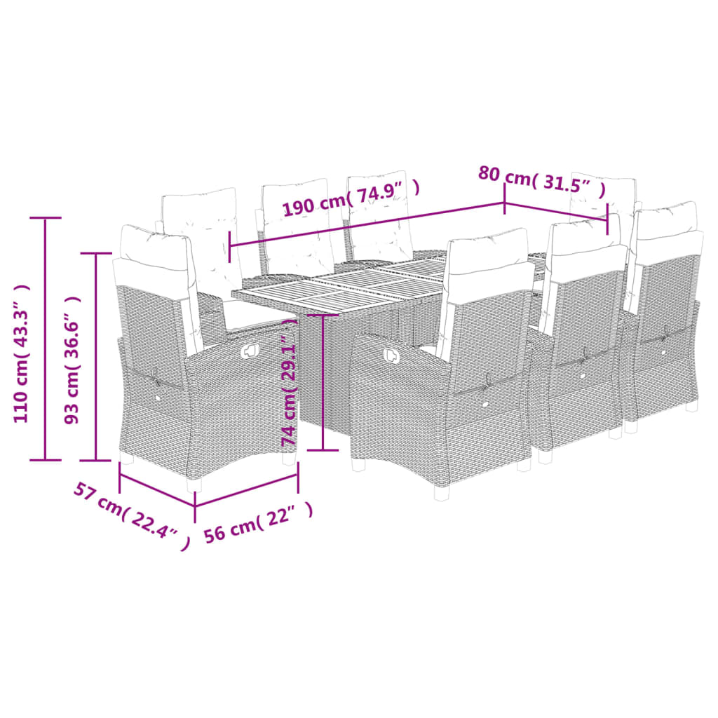 Set da Pranzo da Giardino 9 pz con Cuscini Nero in Polyrattan | homemem39