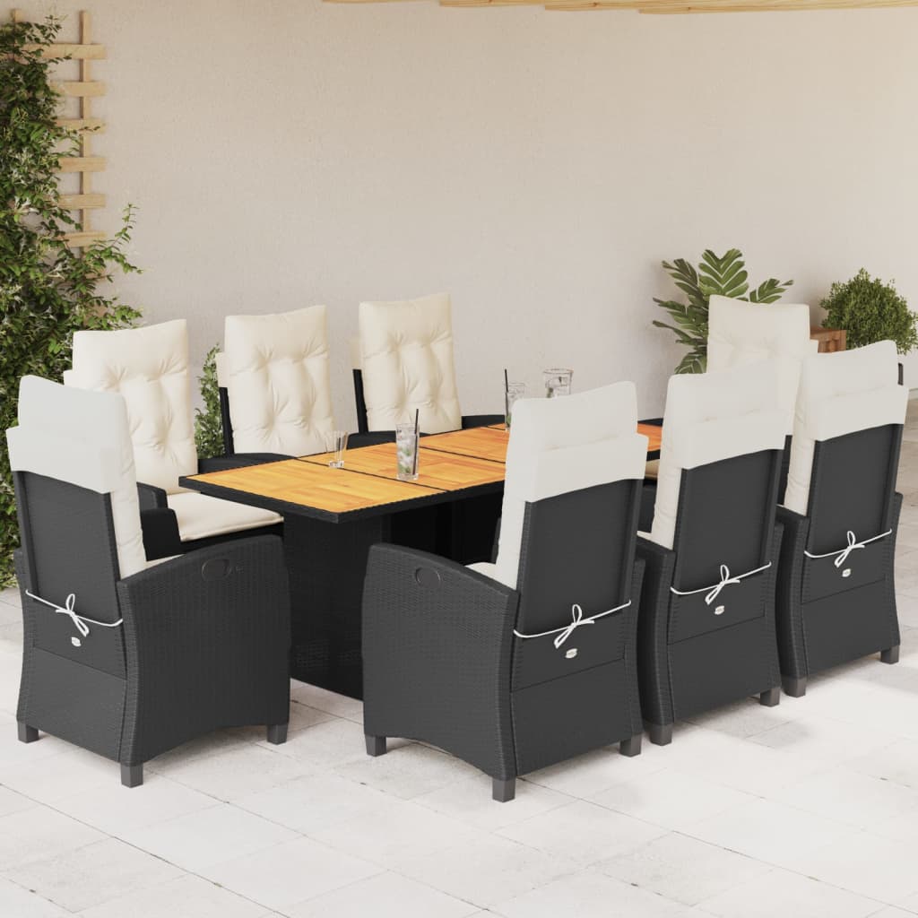 Set da Pranzo da Giardino 9 pz con Cuscini Nero in Polyrattan - homemem39