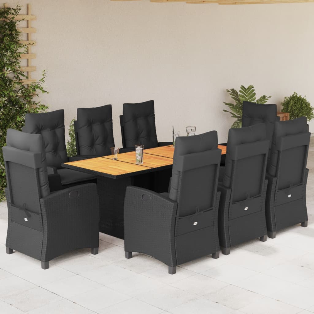 Set da Pranzo da Giardino 9 pz con Cuscini Nero in Polyrattan | homemem39
