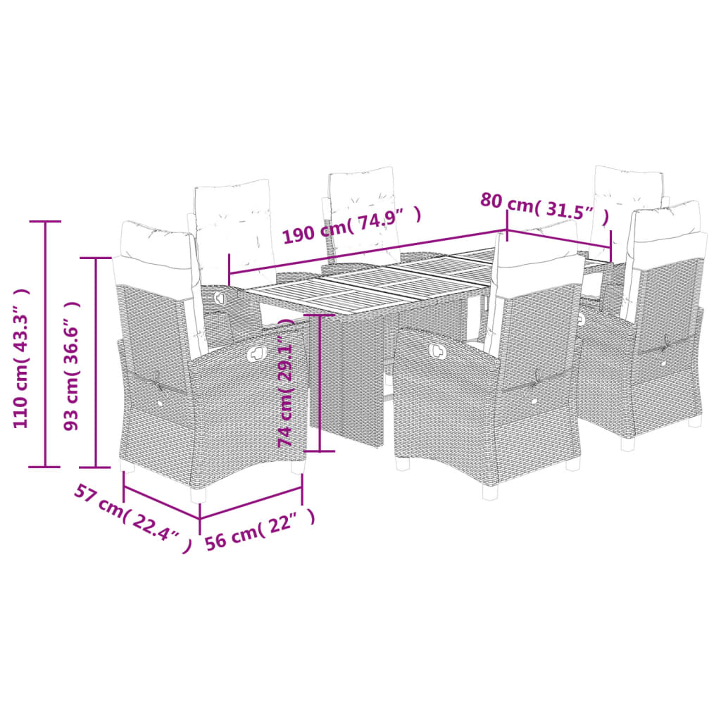 Set da Pranzo da Giardino 7 pz con Cuscini Beige in Polyrattan | homemem39