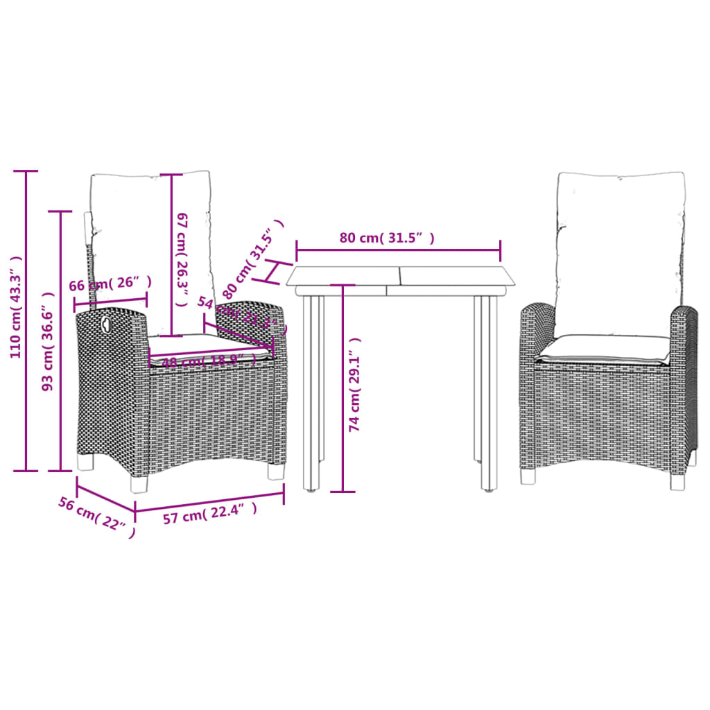 Set da Pranzo da Giardino 3 pz con Cuscini Nero in Polyrattan | homemem39