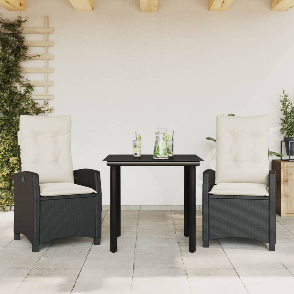 Set da Pranzo da Giardino 3 pz con Cuscini Nero in Polyrattan - homemem39