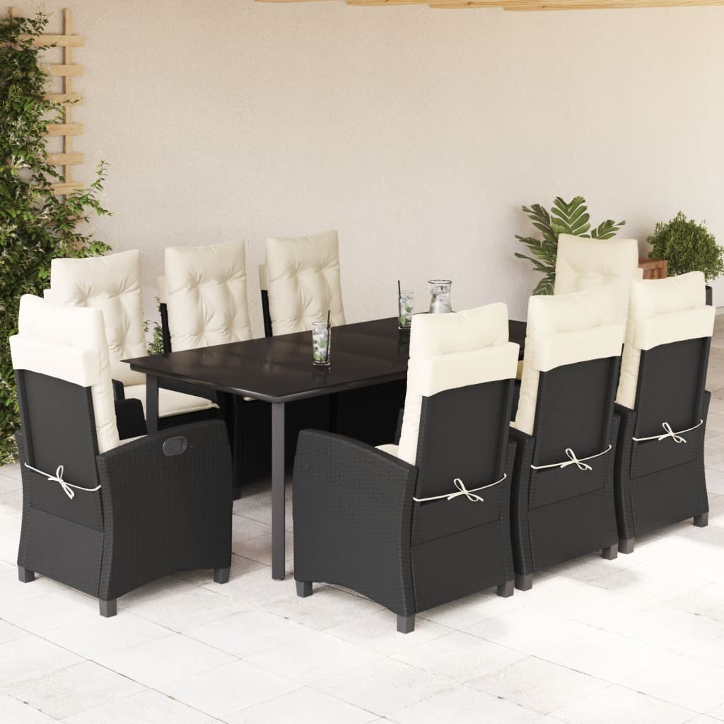 Set da Pranzo da Giardino 9 pz con Cuscini Nero in Polyrattan | homemem39