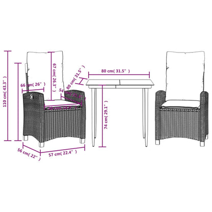 Set da Pranzo da Giardino 3 pz con Cuscini Nero in Polyrattan | homemem39