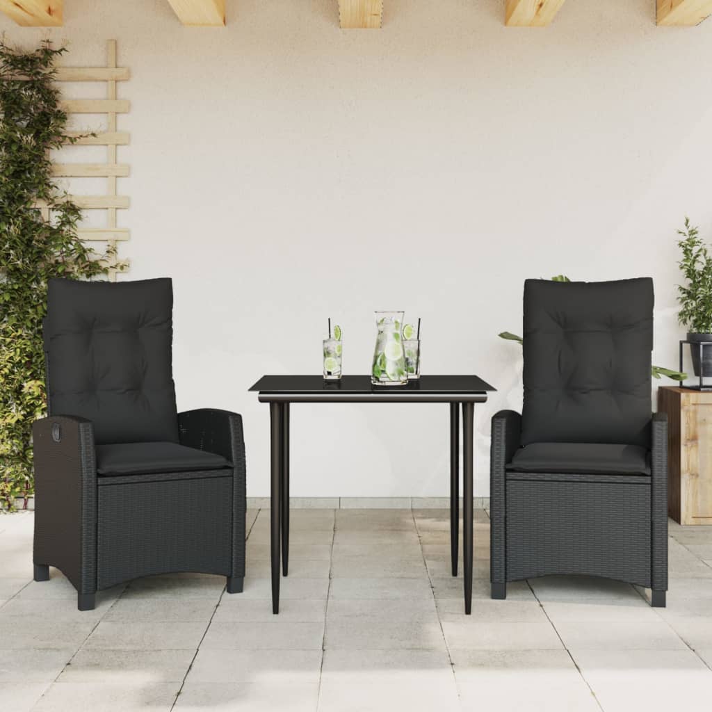 Set da Pranzo da Giardino 3 pz con Cuscini Nero in Polyrattan | homemem39