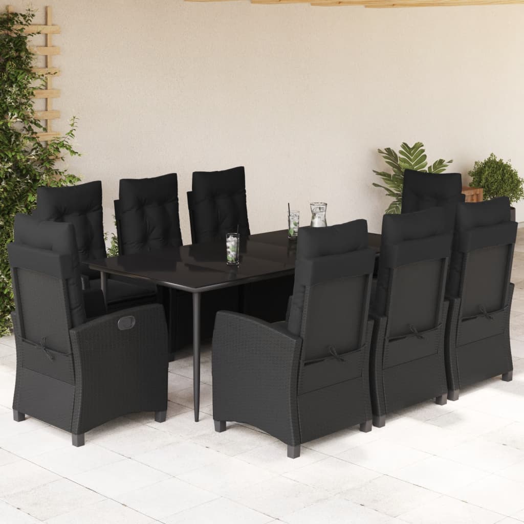 Set da Pranzo da Giardino 9 pz con Cuscini Nero in Polyrattan - homemem39