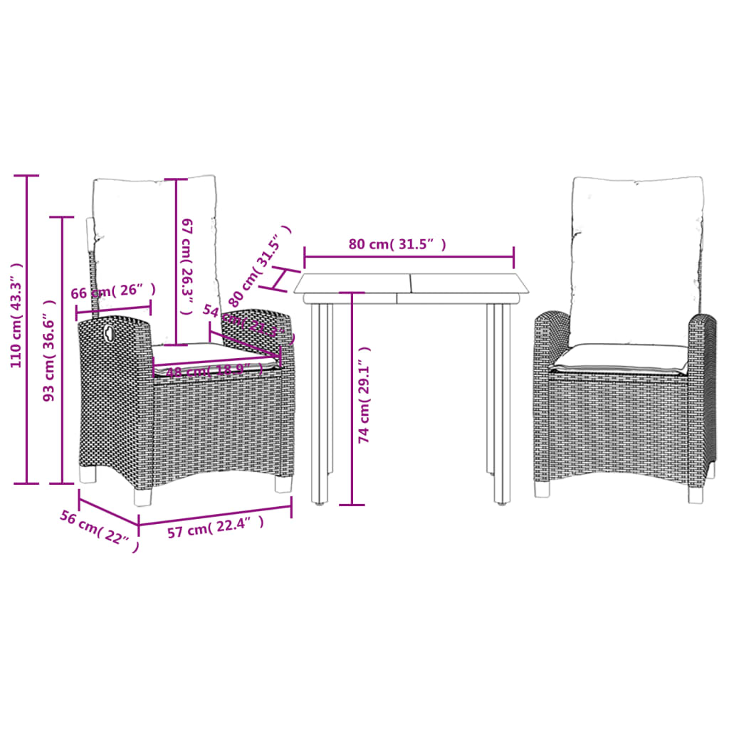 Set da Pranzo da Giardino 3 pz con Cuscini Nero in Polyrattan | homemem39