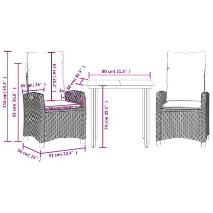 Set da Pranzo da Giardino 3 pz con Cuscini Nero in Polyrattan | homemem39