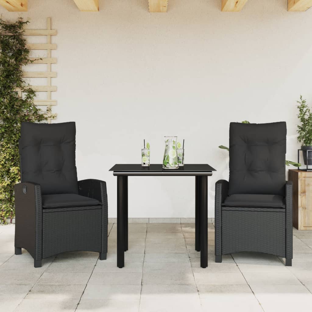 Set da Pranzo da Giardino 3 pz con Cuscini Nero in Polyrattan - homemem39