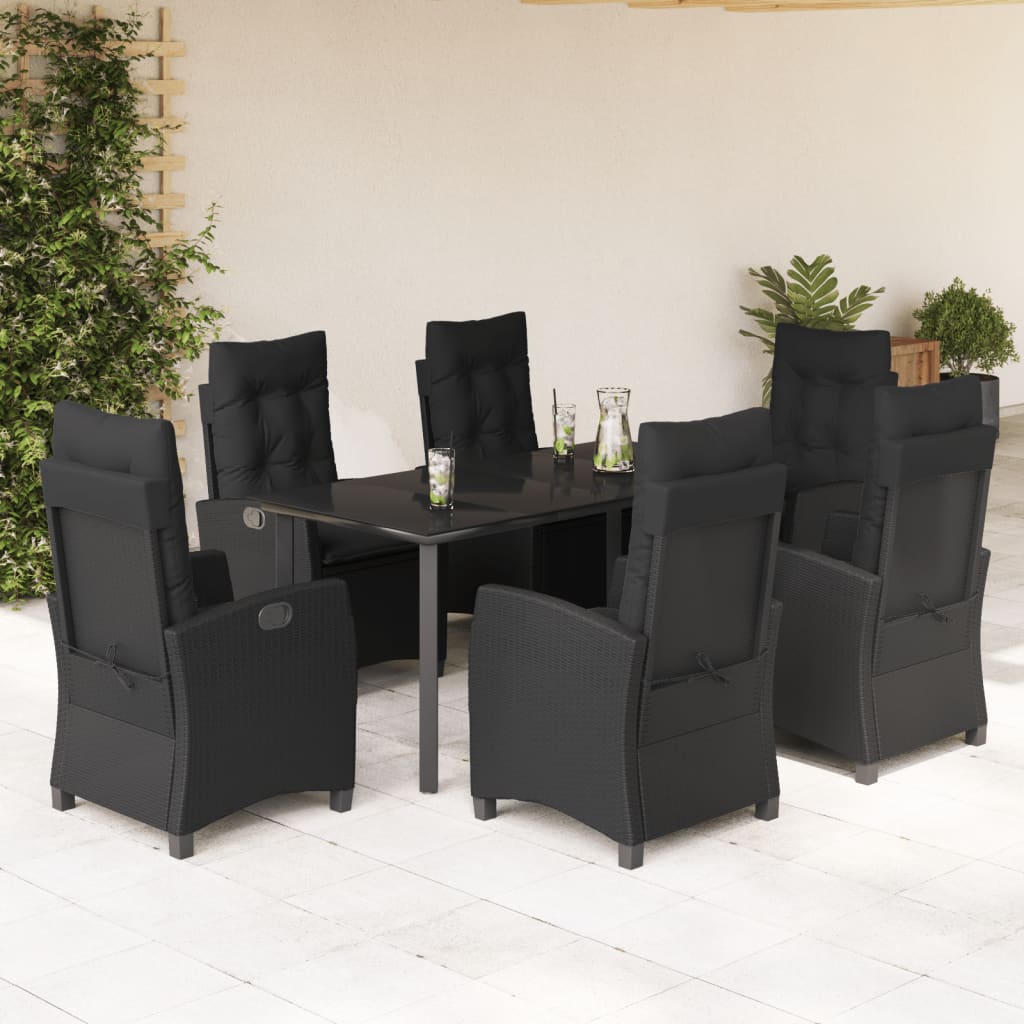 Set da Pranzo da Giardino 7 pz Nero con Cuscini in Polyrattan