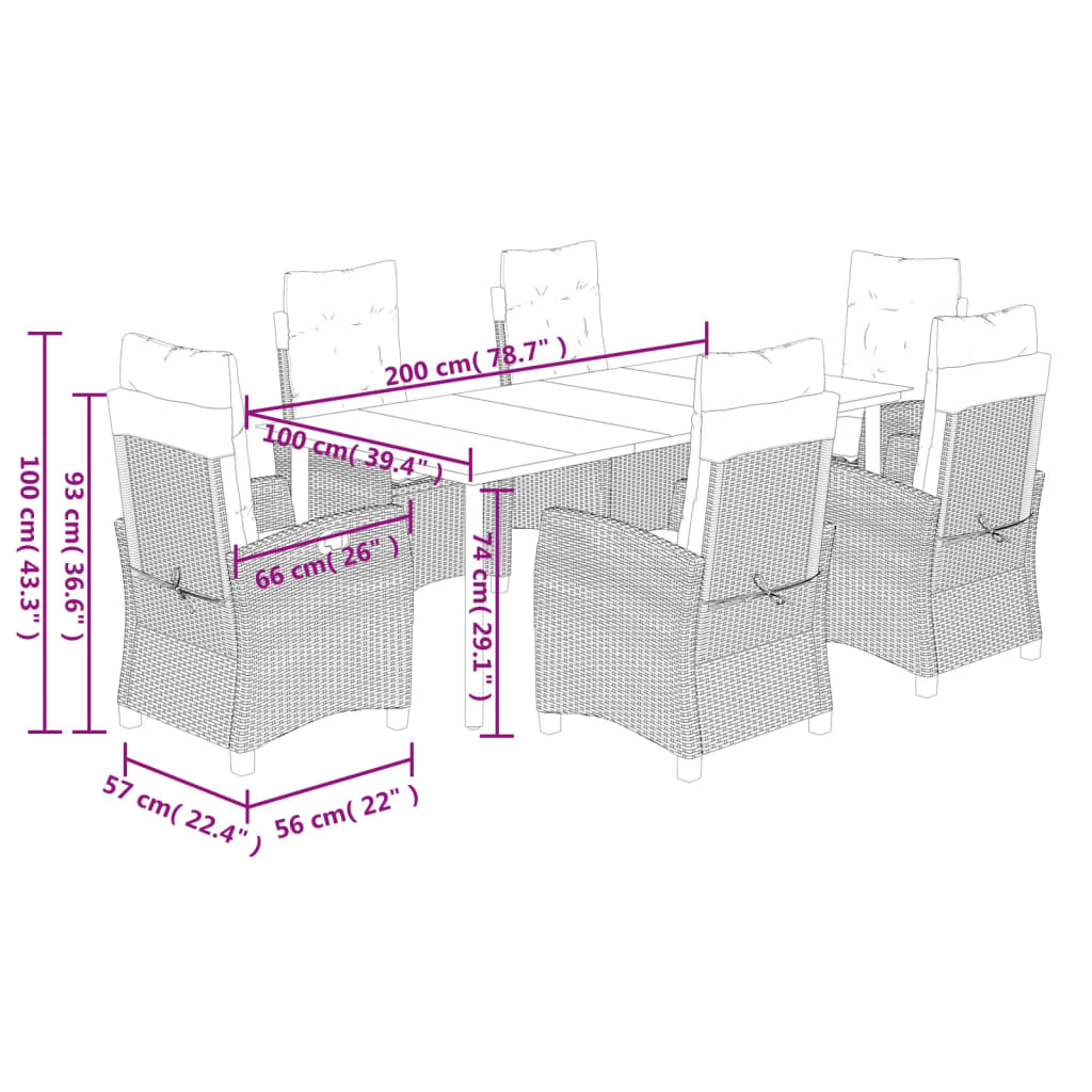 Set da Pranzo da Giardino 7 pz Nero con Cuscini in Polyrattan | homemem39