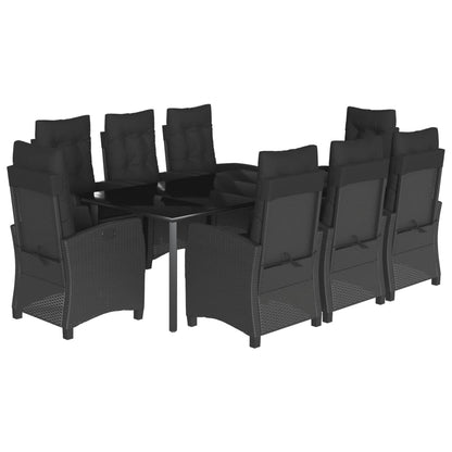 Set da Pranzo da Giardino 9 pz con Cuscini Nero in Polyrattan