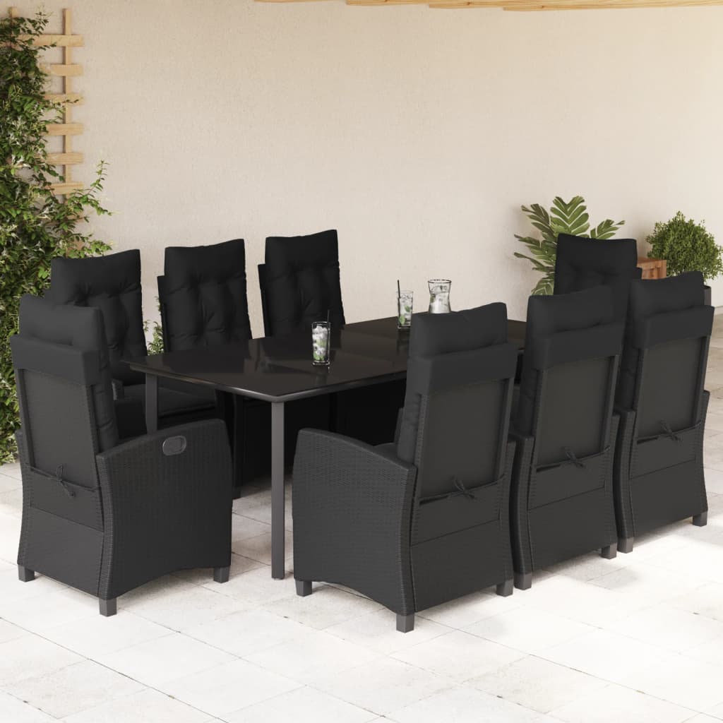 Set da Pranzo da Giardino 9 pz con Cuscini Nero in Polyrattan