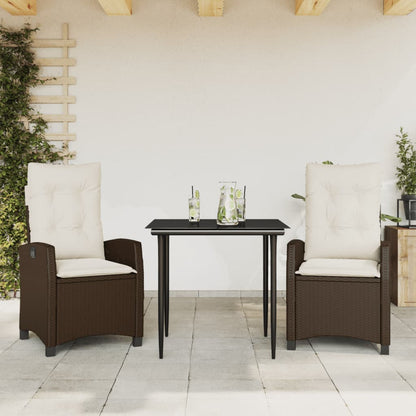 Set da Pranzo da Giardino 3pz con Cuscini in Polyrattan Marrone - homemem39