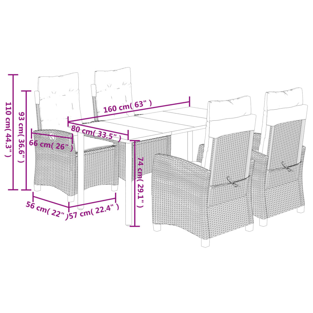 Set da Pranzo da Giardino 5 pz con Cuscini in Polyrattan Grigio | homemem39