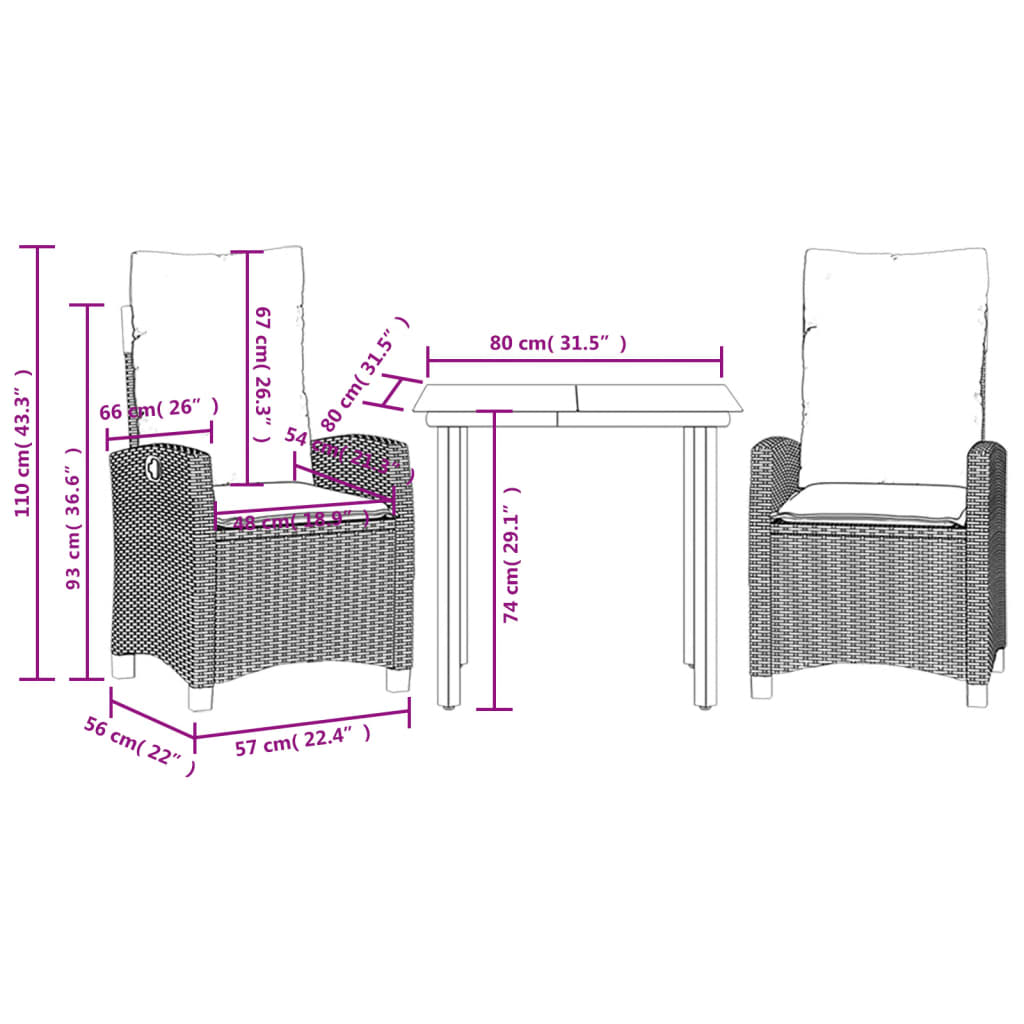 Set da Pranzo da Giardino 3 pz con Cuscini Beige in Polyrattan | homemem39