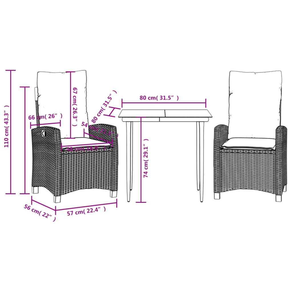 Set Pranzo da Giardino 3 pz con Cuscini Beige Misto Polyrattan | homemem39