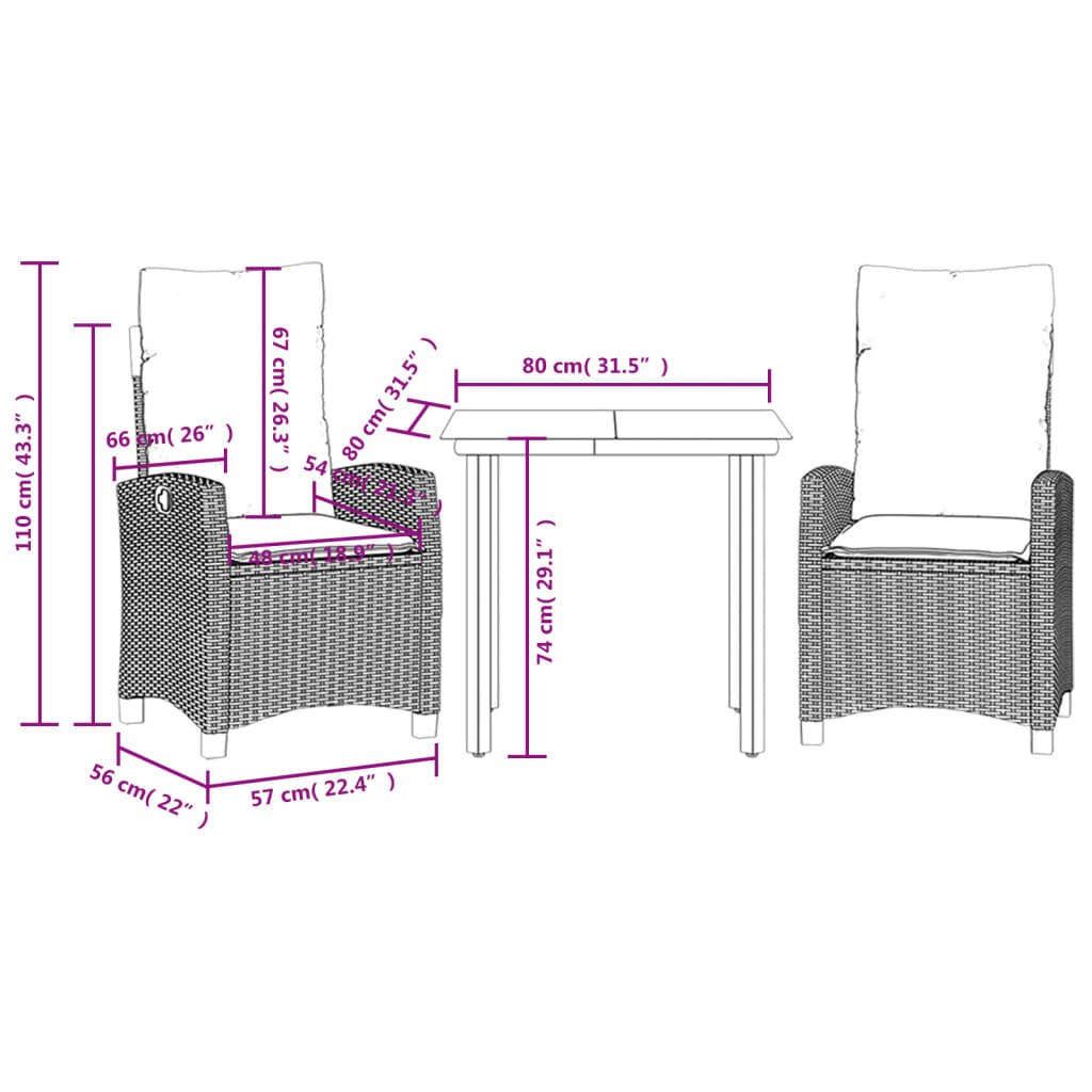 Set Pranzo da Giardino 3 pz con Cuscini Beige Misto Polyrattan | homemem39