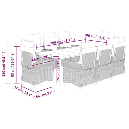 Set Pranzo da Giardino 9pz con Cuscini Grigio Chiaro Polyrattan | homemem39