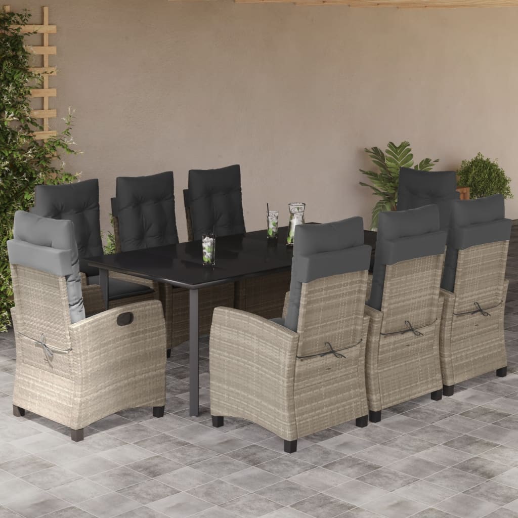 Set Pranzo da Giardino 9pz con Cuscini Grigio Chiaro Polyrattan - homemem39
