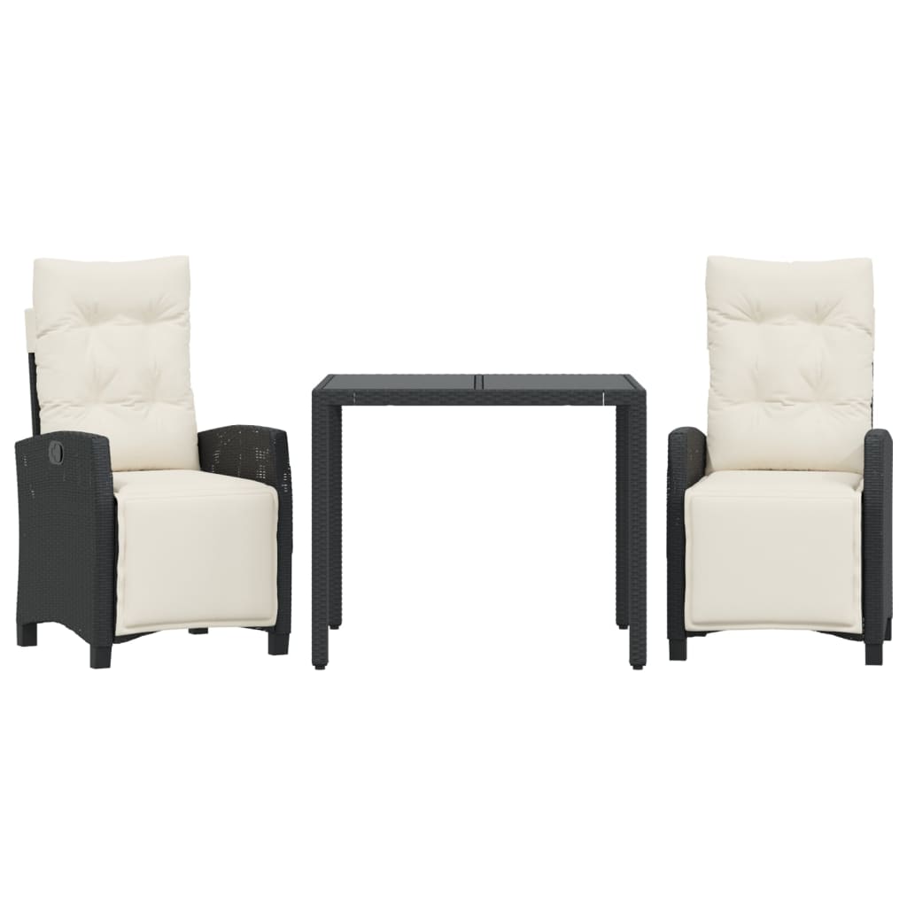 Set da Pranzo da Giardino 3 pz con Cuscini Nero in Polyrattan