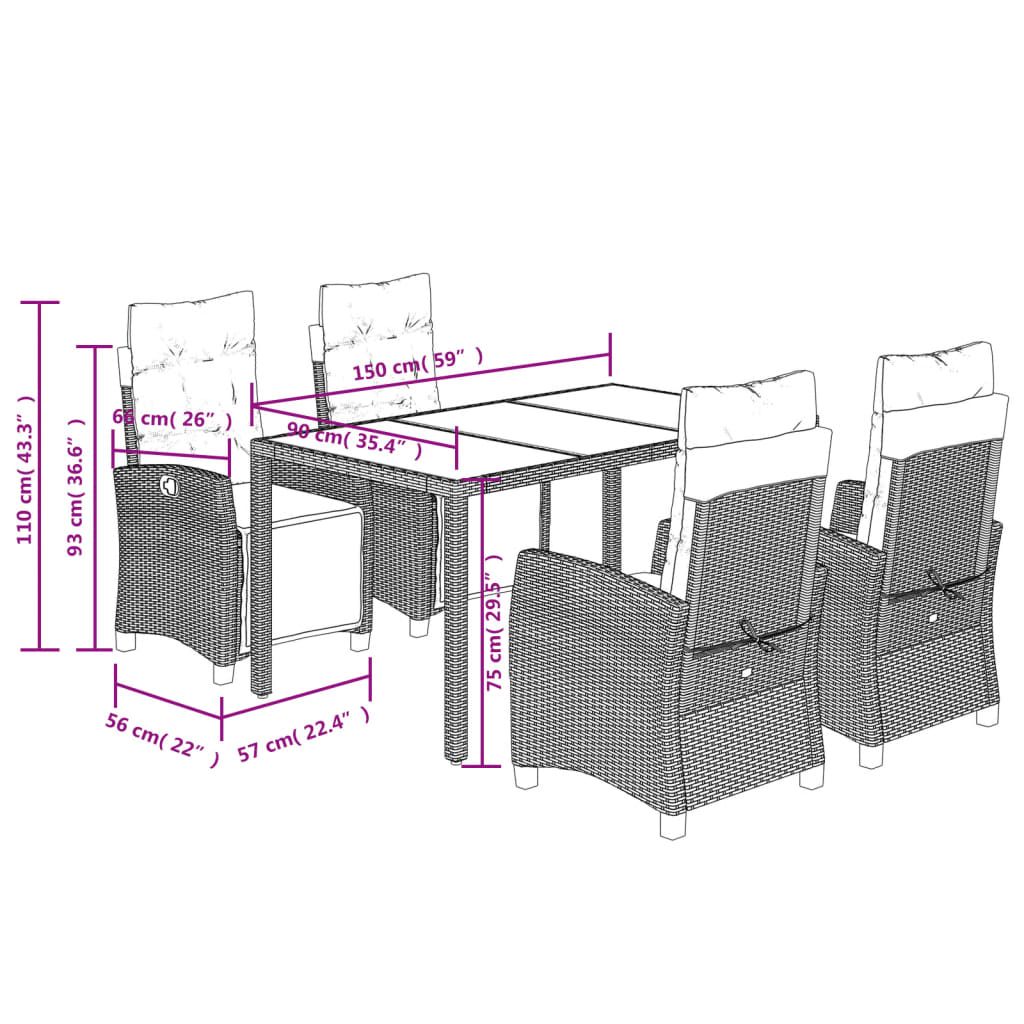 Set da Pranzo da Giardino 5 pz Nero con Cuscini in Polyrattan - homemem39