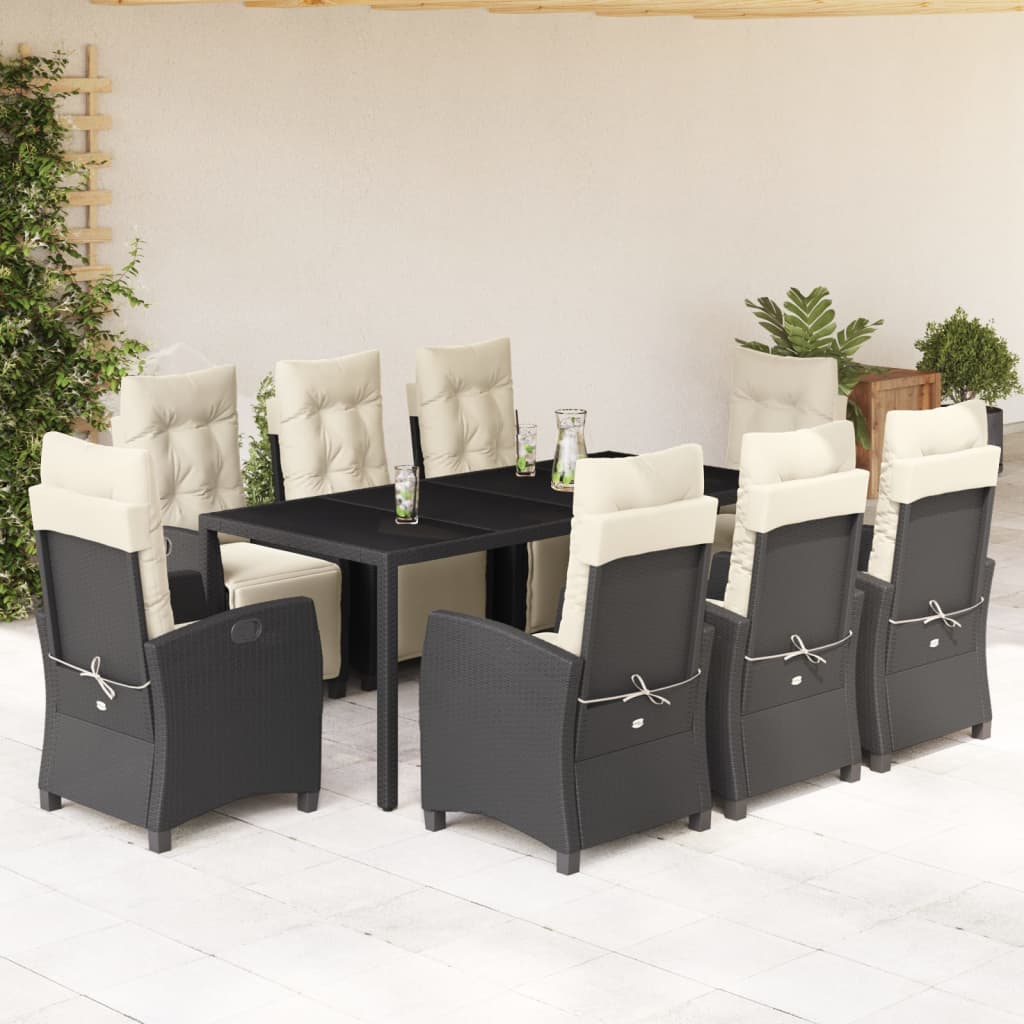 Set da Pranzo da Giardino 9 pz con Cuscini Nero in Polyrattan | homemem39