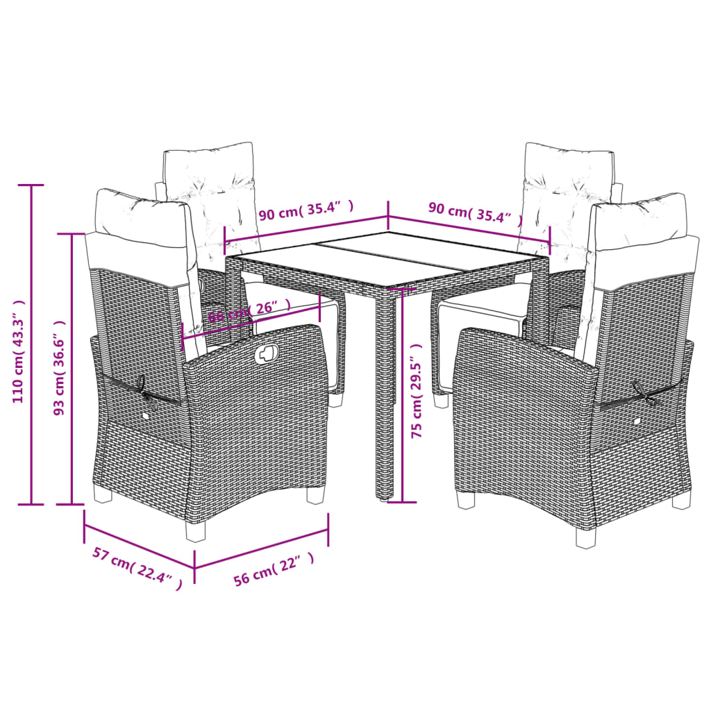 Set da Pranzo da Giardino 5 pz Nero con Cuscini in Polyrattan | homemem39