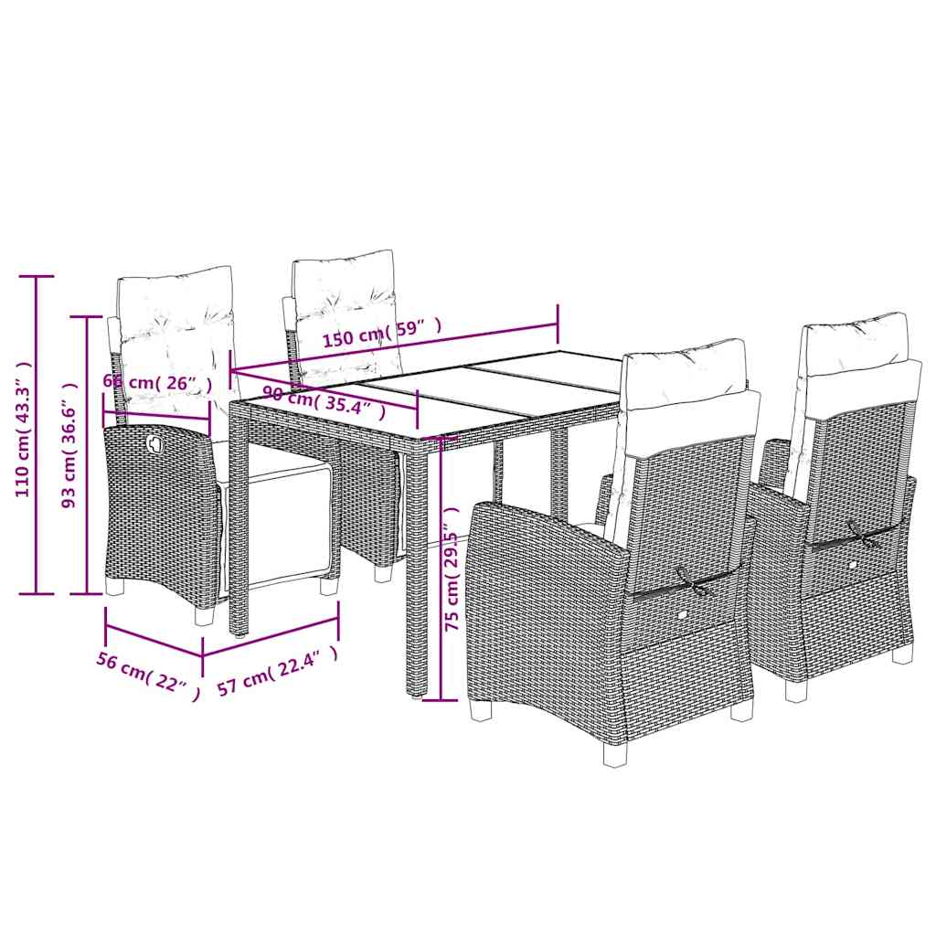 Set da Pranzo da Giardino 5 pz Nero con Cuscini in Polyrattan | homemem39