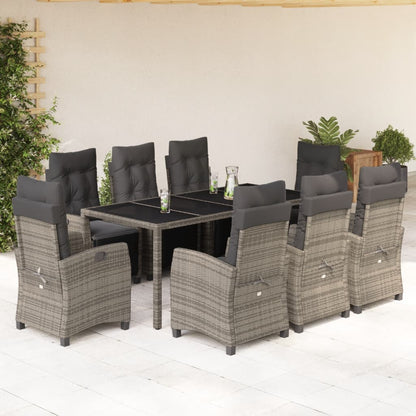 Set da Pranzo da Giardino 9 pz con Cuscini in Polyrattan Grigio