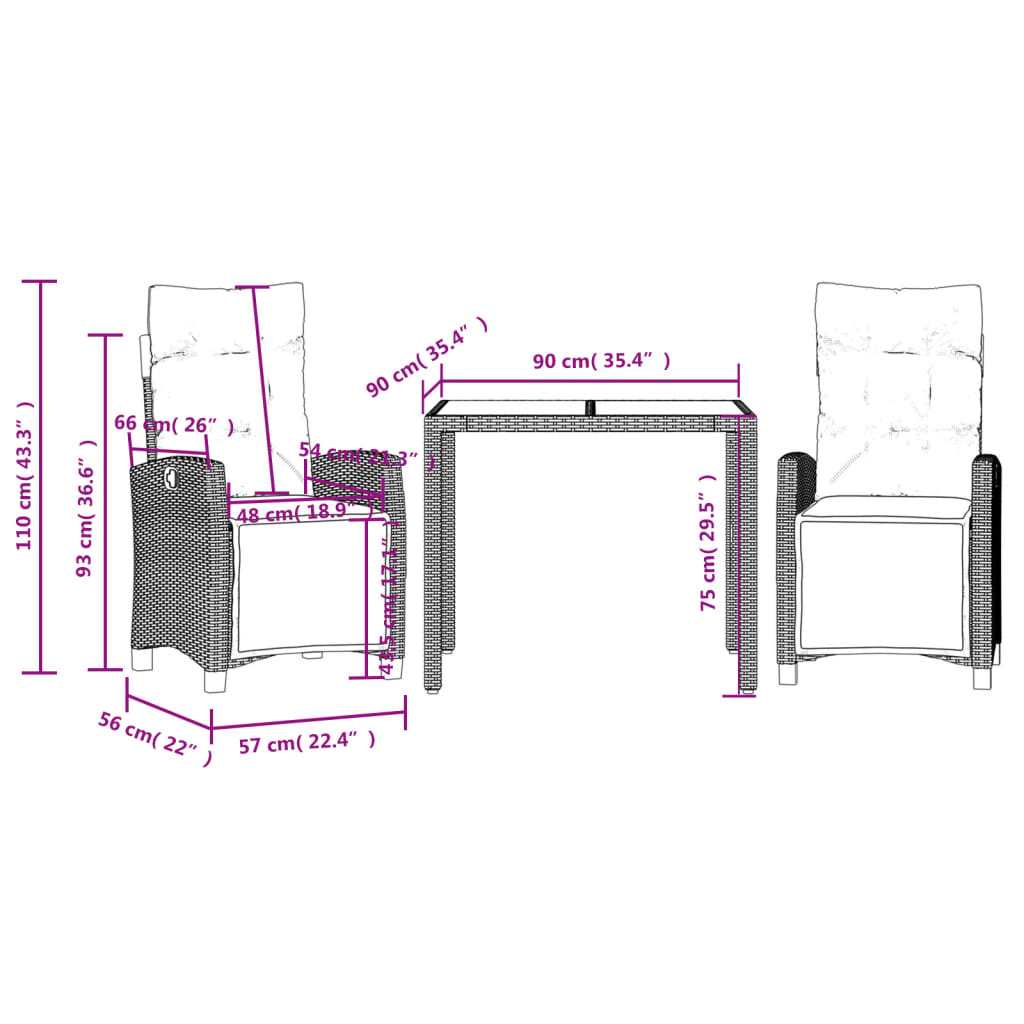 Set da Pranzo da Giardino 3 pz con Cuscini Nero in Polyrattan | homemem39