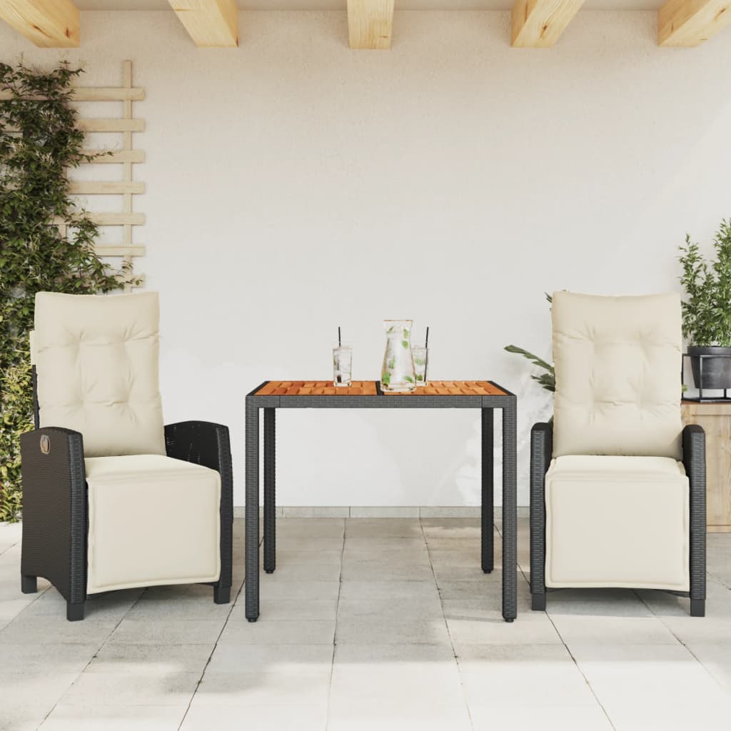 Set da Pranzo da Giardino 3 pz con Cuscini Nero in Polyrattan | homemem39
