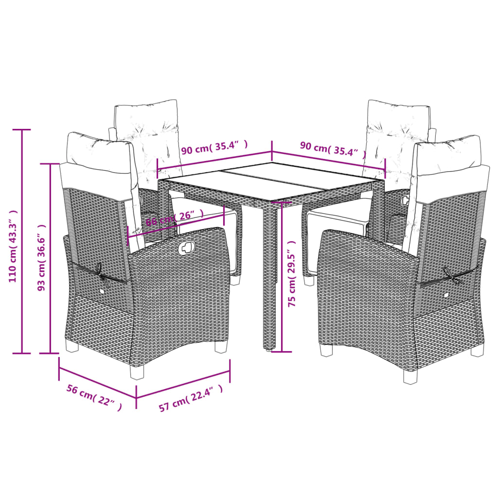 Set da Pranzo da Giardino 5 pz Nero con Cuscini in Polyrattan | homemem39