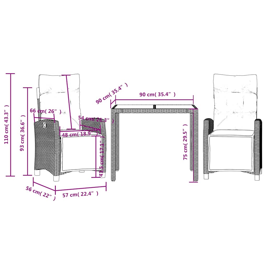 Set da Pranzo da Giardino 3 pz con Cuscini Nero in Polyrattan | homemem39