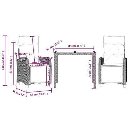 Set da Pranzo da Giardino 3 pz con Cuscini Nero in Polyrattan | homemem39
