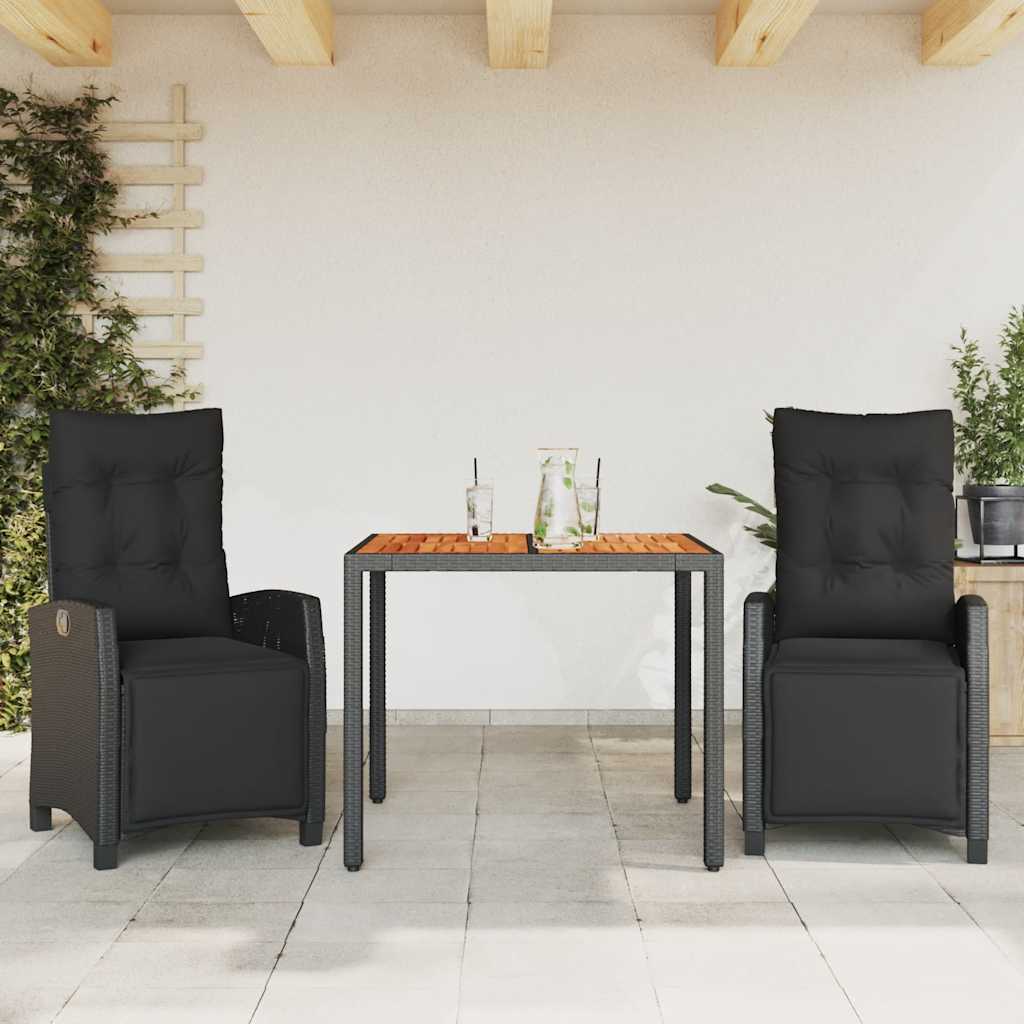 Set da Pranzo da Giardino 3 pz con Cuscini Nero in Polyrattan | homemem39