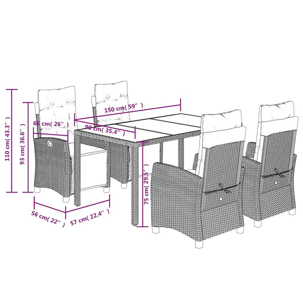 Set da Pranzo da Giardino 5 pz Nero con Cuscini in Polyrattan