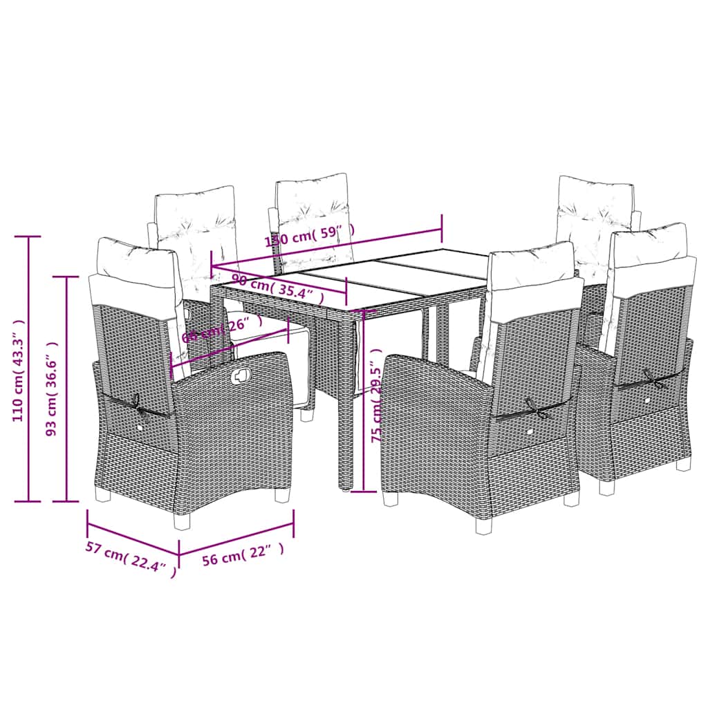 Set da Pranzo da Giardino 7 pz Nero con Cuscini in Polyrattan | homemem39