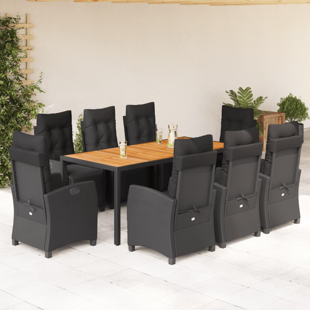 Set da Pranzo da Giardino 9 pz con Cuscini Nero in Polyrattan | homemem39