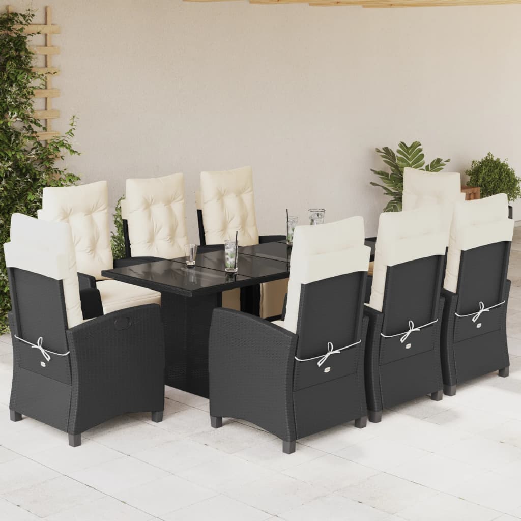 Set da Pranzo da Giardino 9 pz con Cuscini Nero in Polyrattan | homemem39