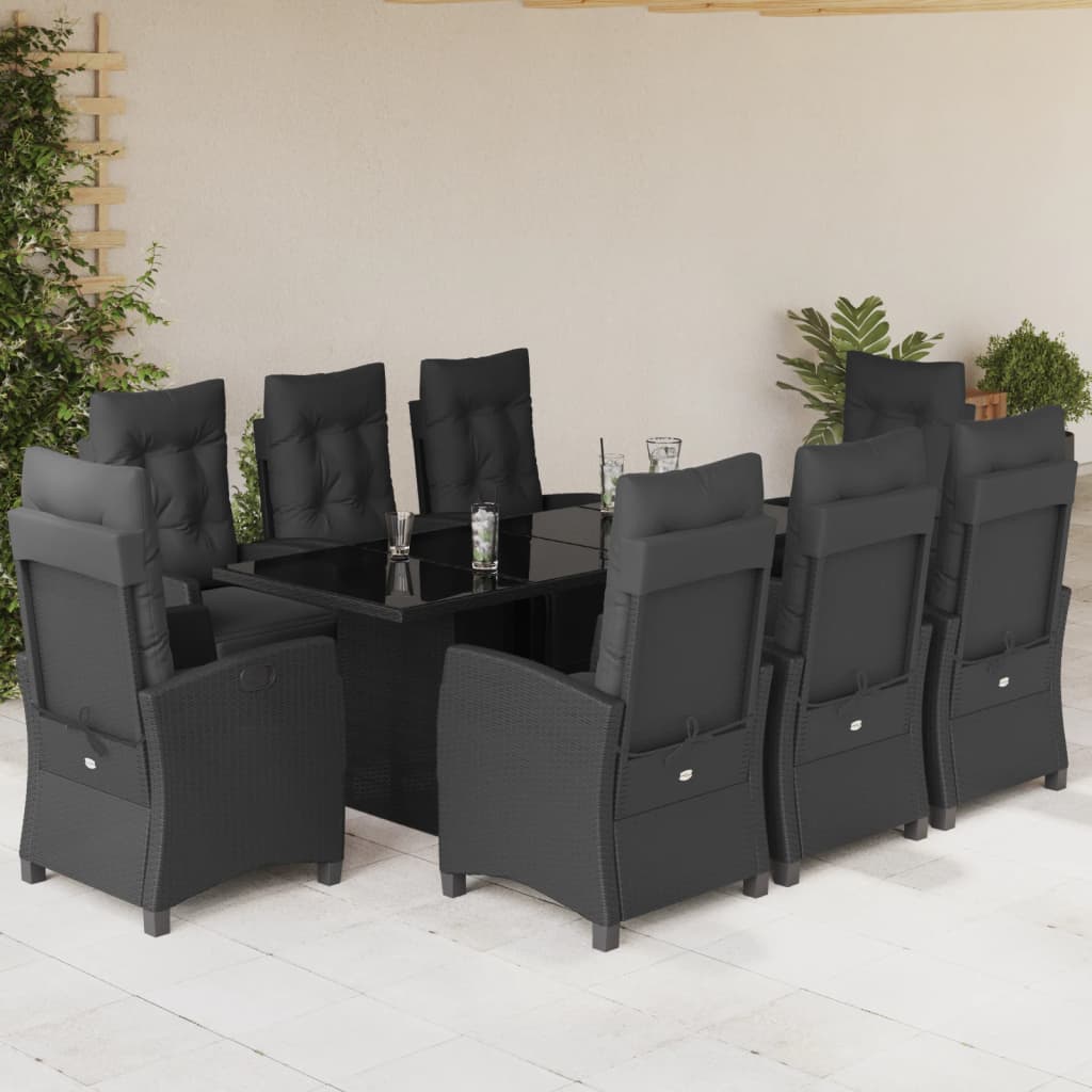 Set da Pranzo da Giardino 9 pz con Cuscini Nero in Polyrattan | homemem39