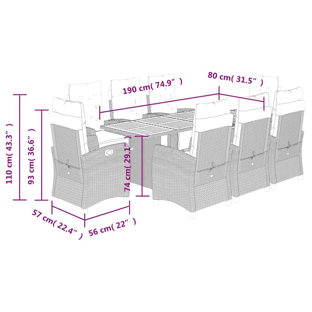 Set da Pranzo da Giardino 9 pz con Cuscini Nero in Polyrattan | homemem39