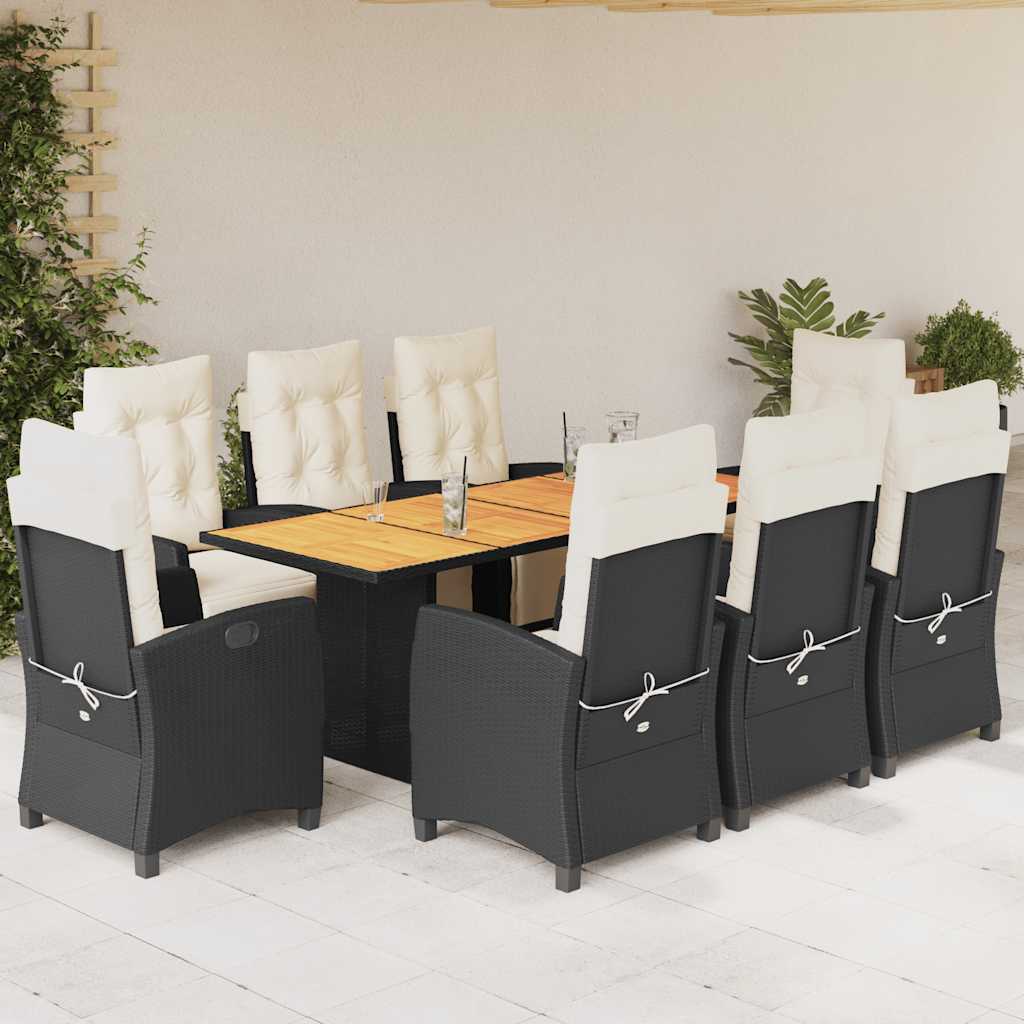 Set da Pranzo da Giardino 9 pz con Cuscini Nero in Polyrattan - homemem39