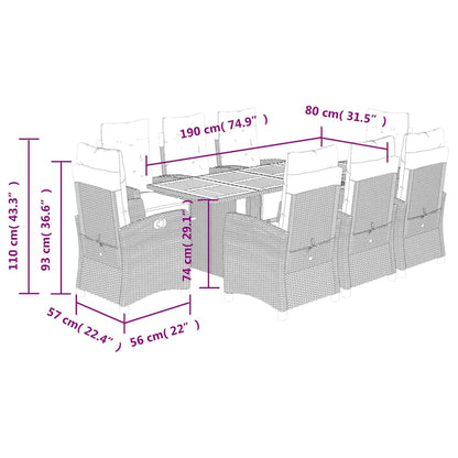 Set da Pranzo da Giardino 9 pz con Cuscini Nero in Polyrattan | homemem39