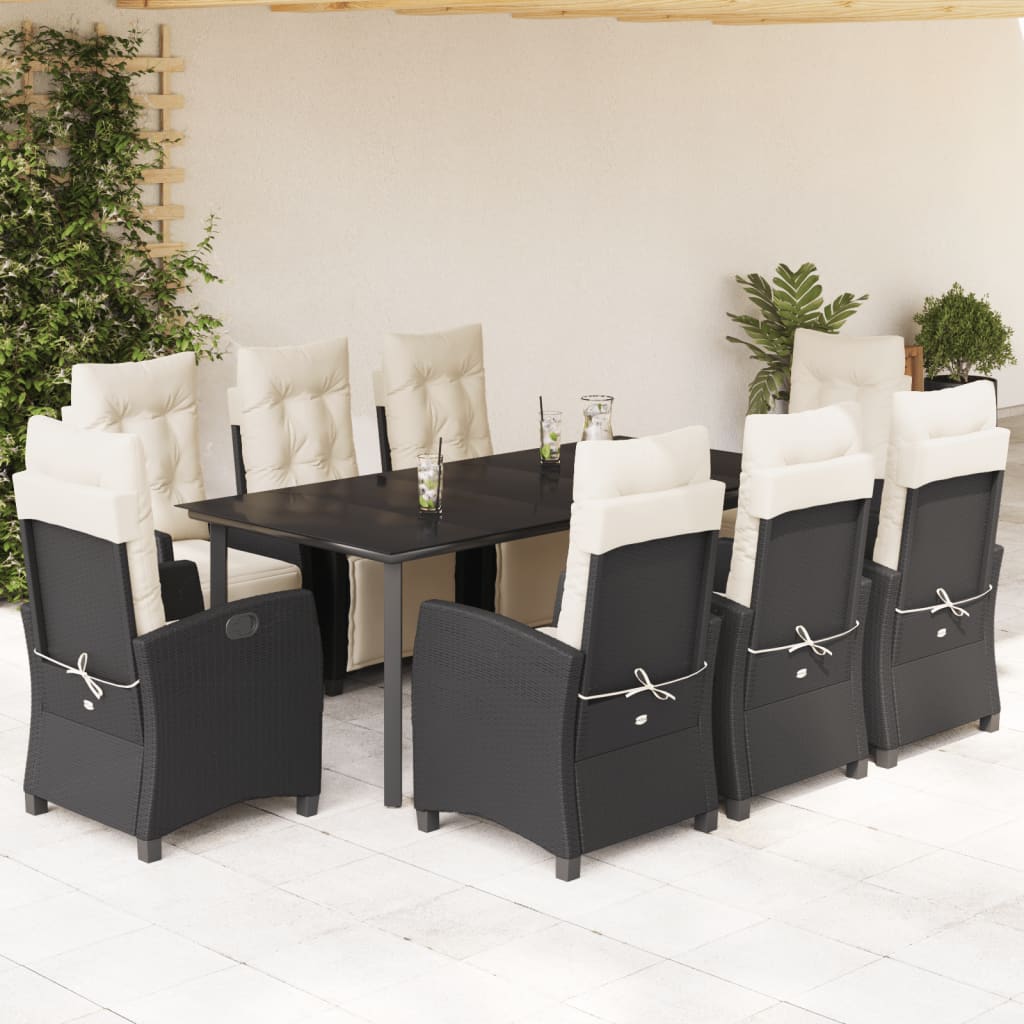 Set da Pranzo da Giardino 9 pz con Cuscini Nero in Polyrattan | homemem39