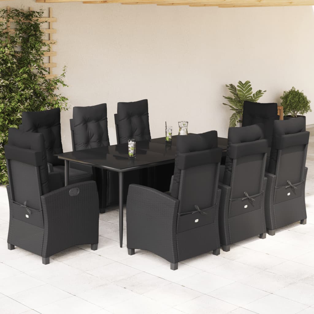 Set da Pranzo da Giardino 9 pz con Cuscini Nero in Polyrattan - homemem39