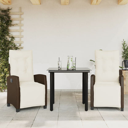 Set da Pranzo da Giardino 3pz con Cuscini in Polyrattan Marrone