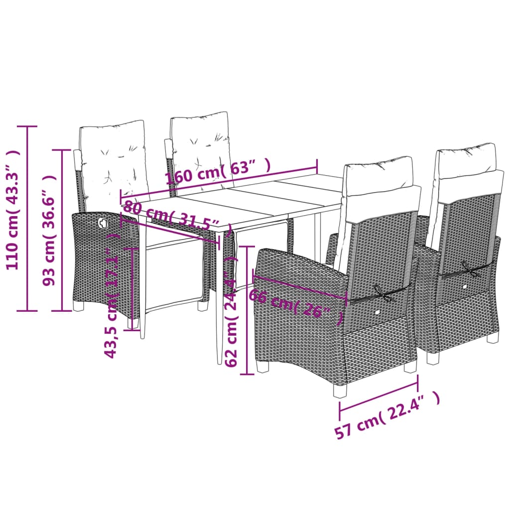 Set da Pranzo da Giardino 5 pz con Cuscini in Polyrattan Grigio | homemem39