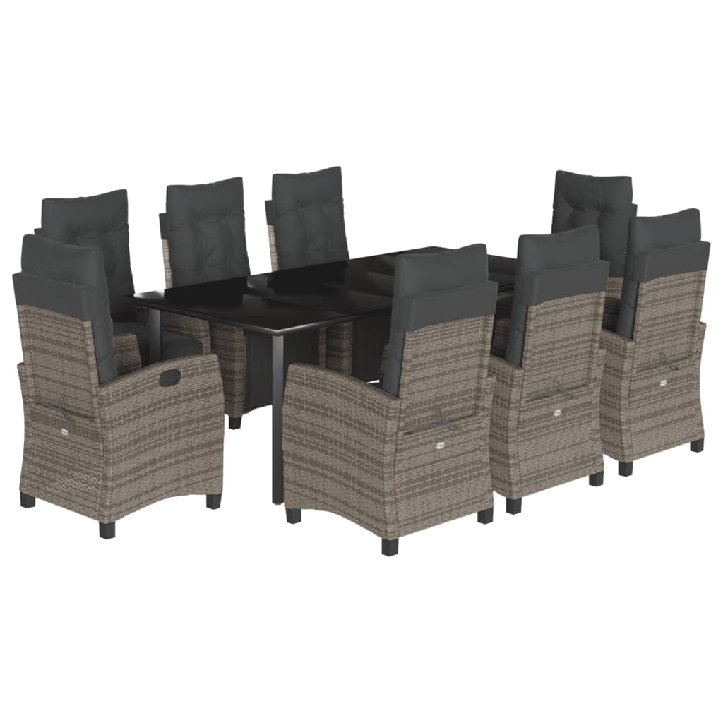 Set da Pranzo da Giardino 9 pz con Cuscini in Polyrattan Grigio